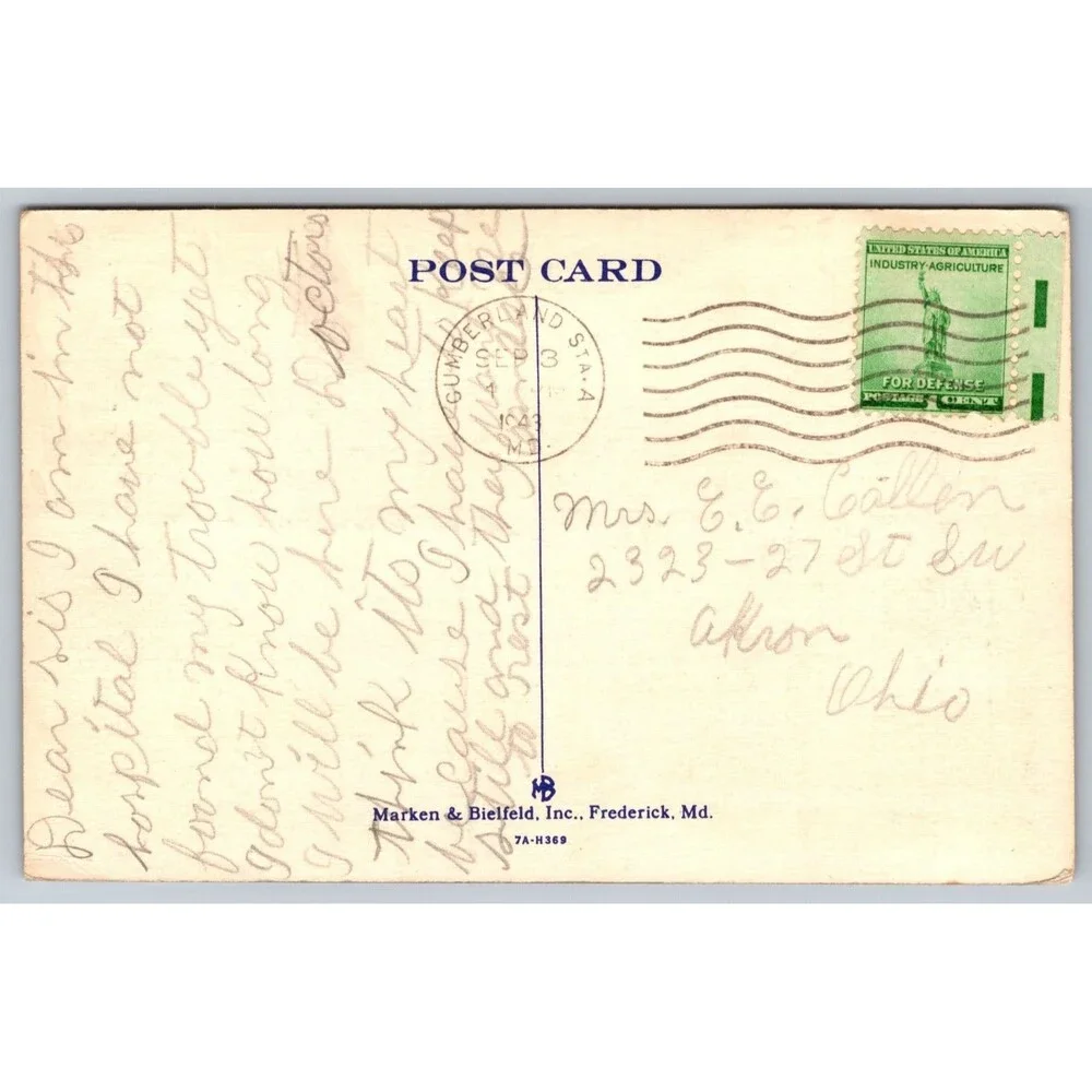 1943 Memorial Hospital Cumberland MD Linen Postcard Heart Condition Message WWII